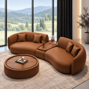 Designer Curved Sofa Set with Wooden Accent Table