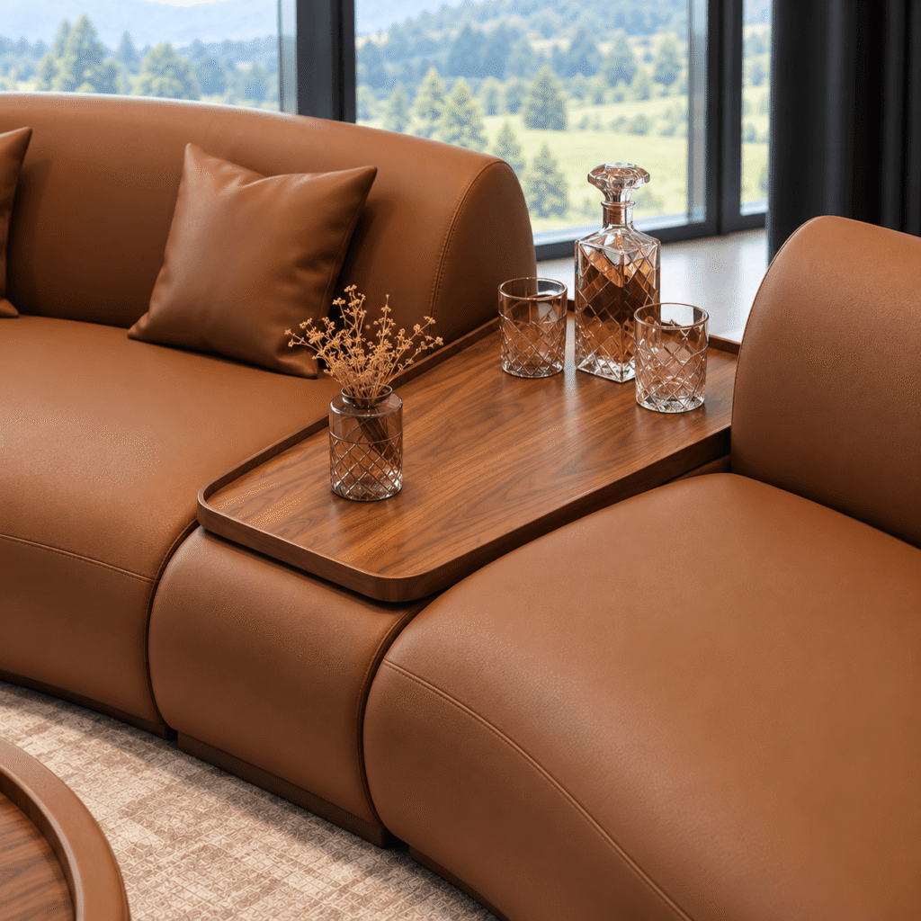 Designer Curved Sofa Set with Wooden Accent Table