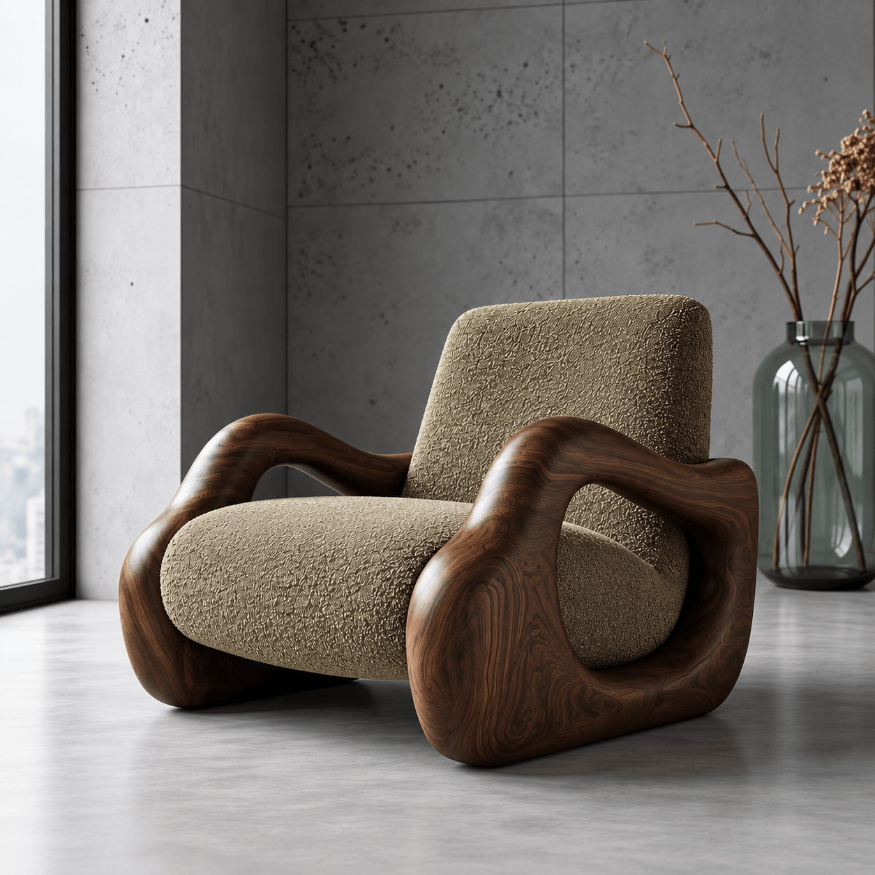 Modern Wooden Lounge Chair with Sculptural Armrests