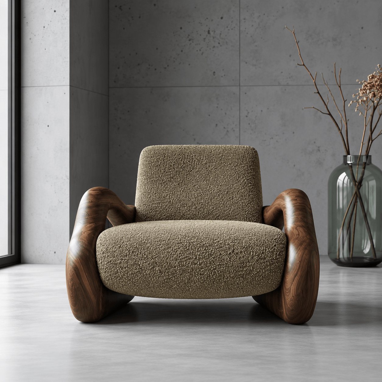 Modern Wooden Lounge Chair with Sculptural Armrests
