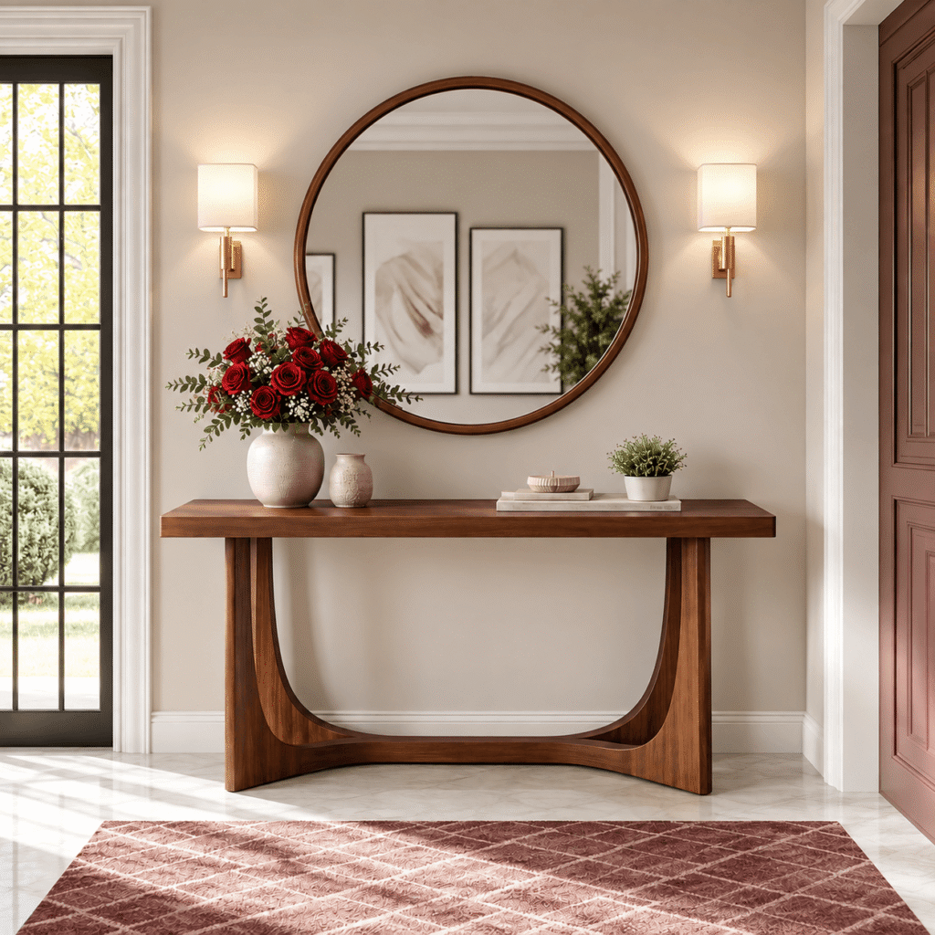 Modern Wooden Console Table with Round Mirror