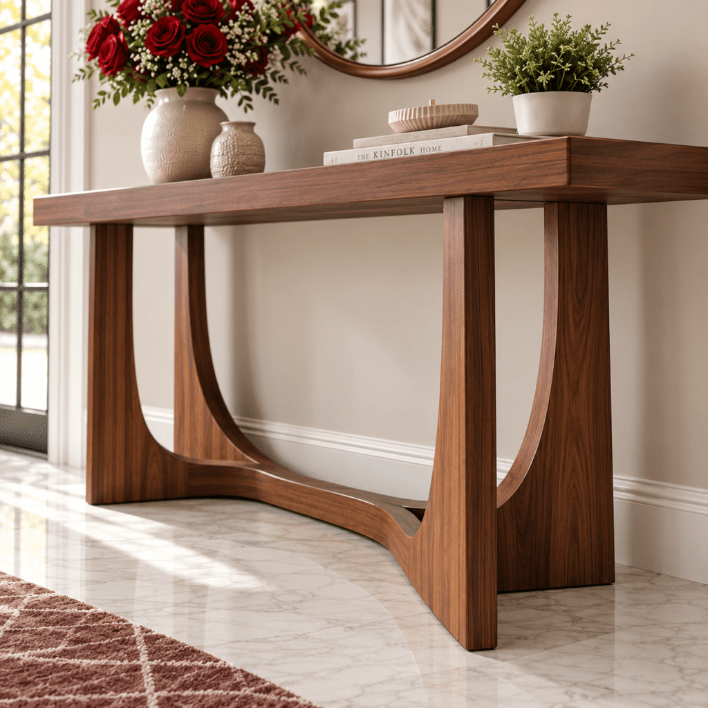 Modern Wooden Console Table with Round Mirror