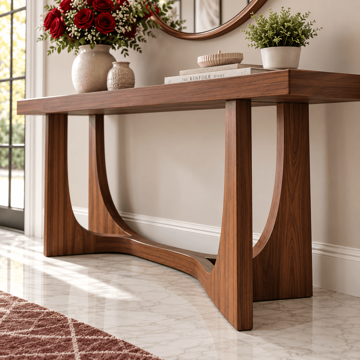 Modern Wooden Console Table with Round Mirror
