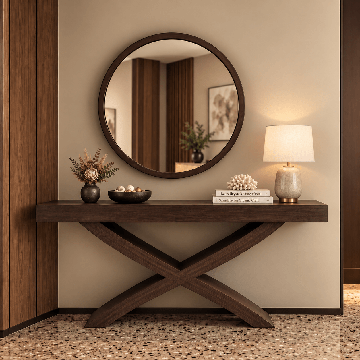 Elegant Hallway Console Table with Round Mirror