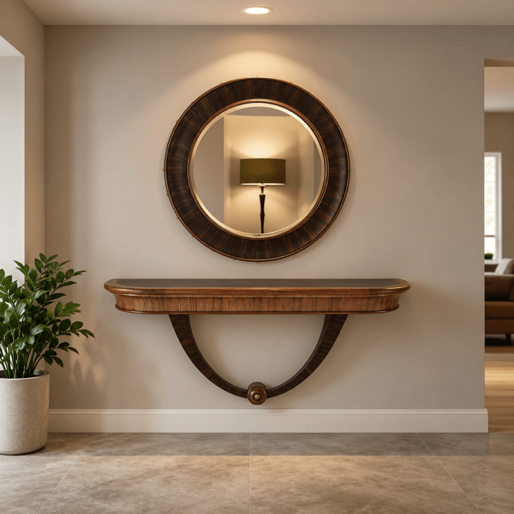 Modern Wooden Console Table with Round Mirror