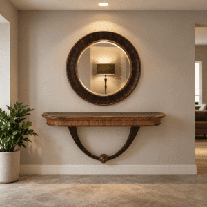 Modern Wooden Console Table with Round Mirror