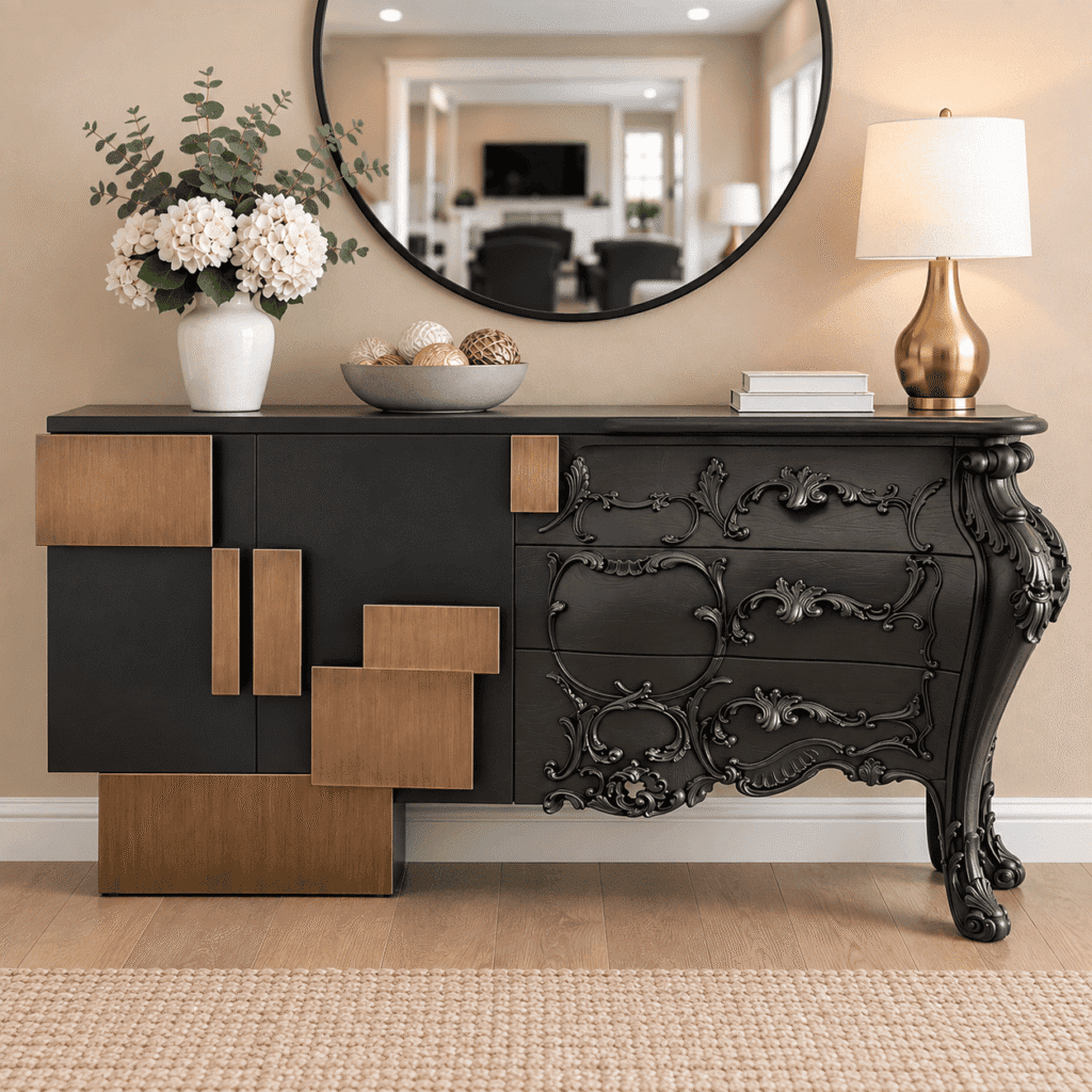 Luxury Black Console Table with Hand-Carved Details