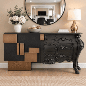 Luxury Black Console Table with Hand-Carved Details