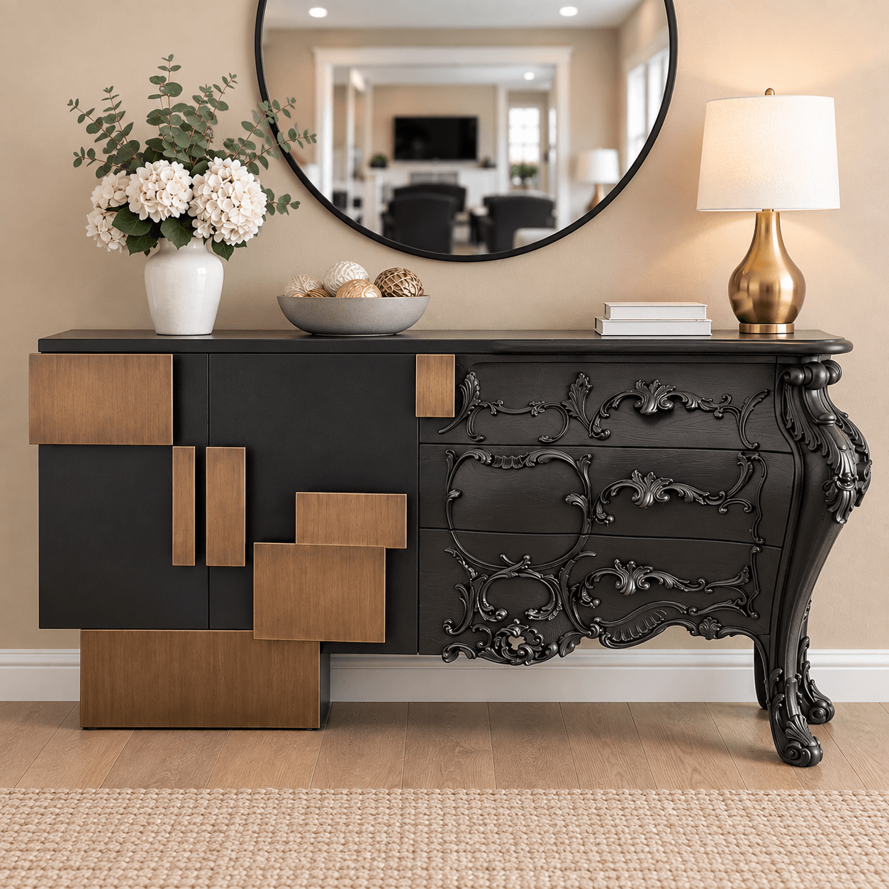 Luxury Black Console Table with Hand-Carved Details