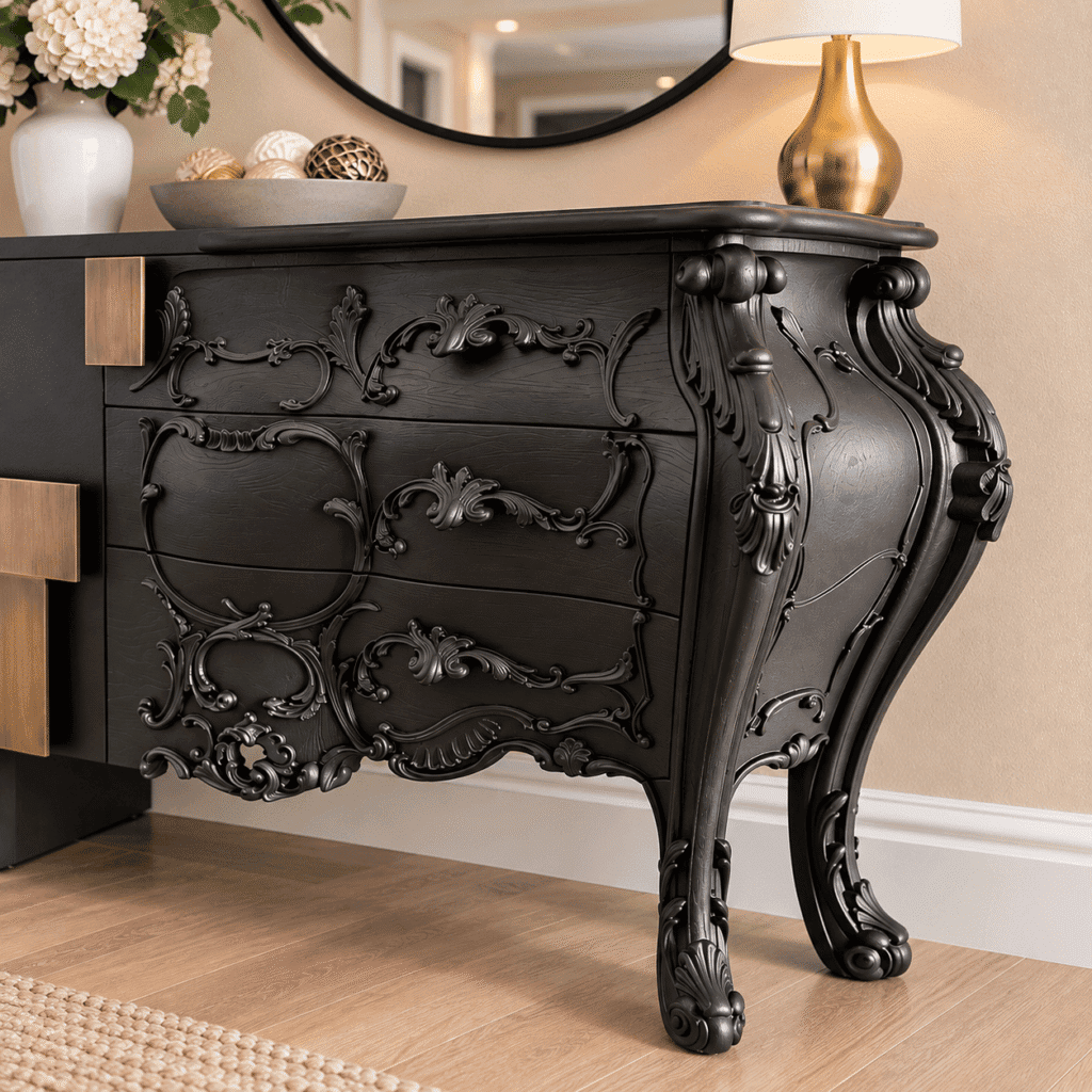 Luxury Black Console Table with Hand-Carved Details