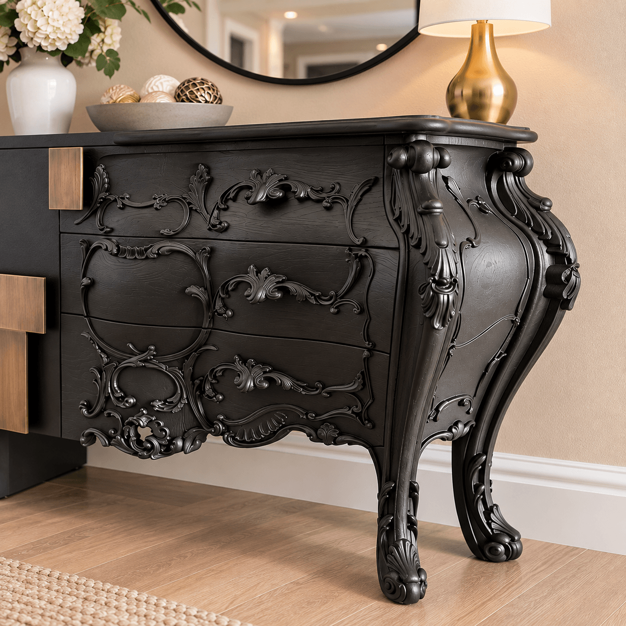 Luxury Black Console Table with Hand-Carved Details