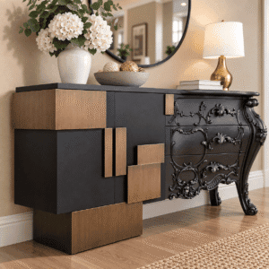 Luxury Black Console Table with Hand-Carved Details