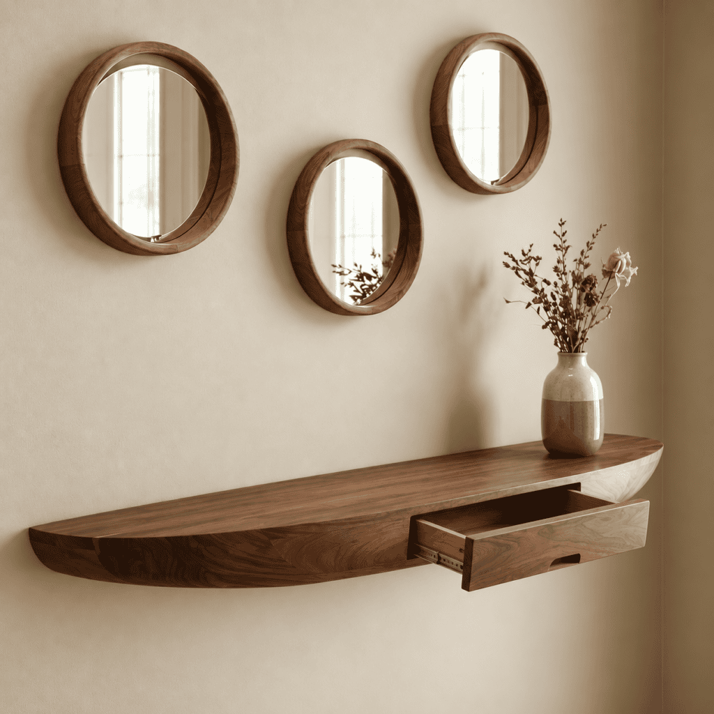 Modern Floating Wooden Console Table with Mirror Set