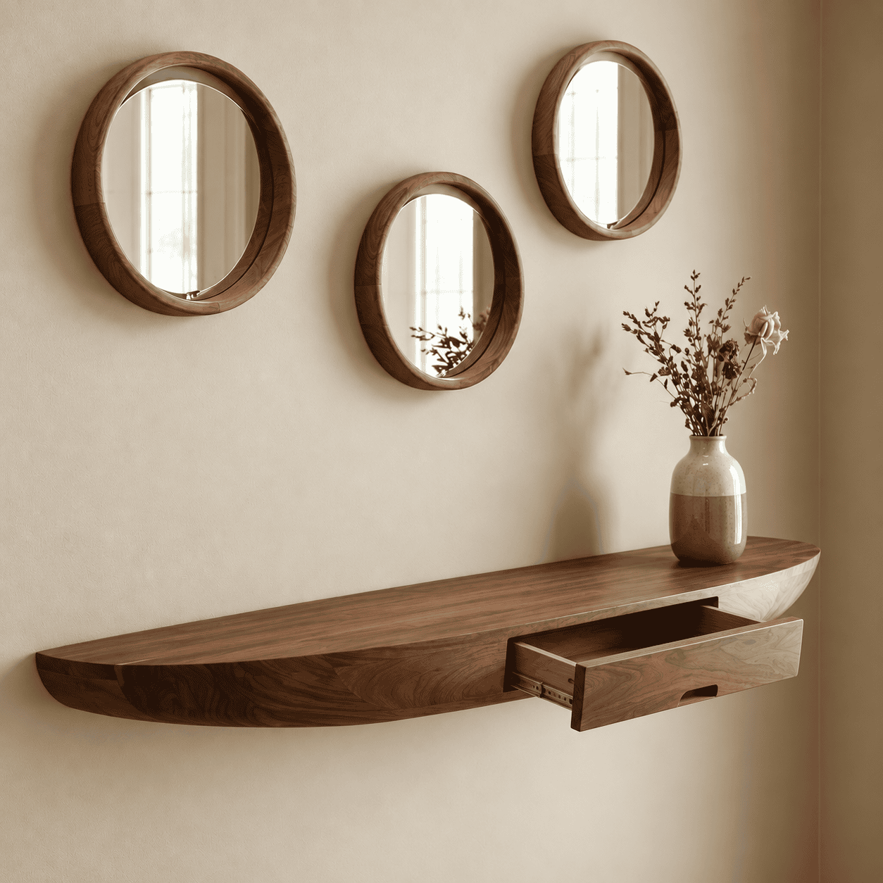 Modern Floating Wooden Console Table with Mirror Set