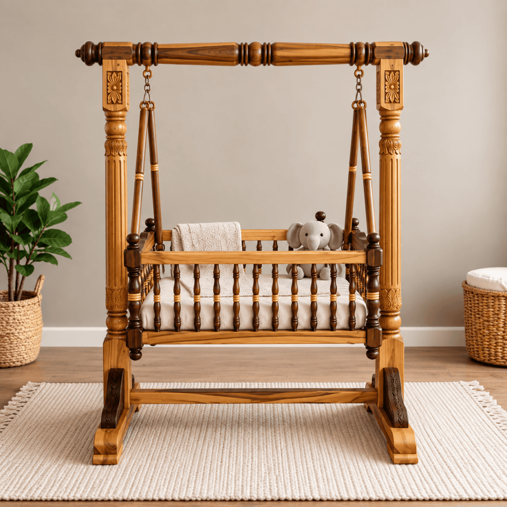 Luxury Teakwood Wooden Baby Cradle Swing