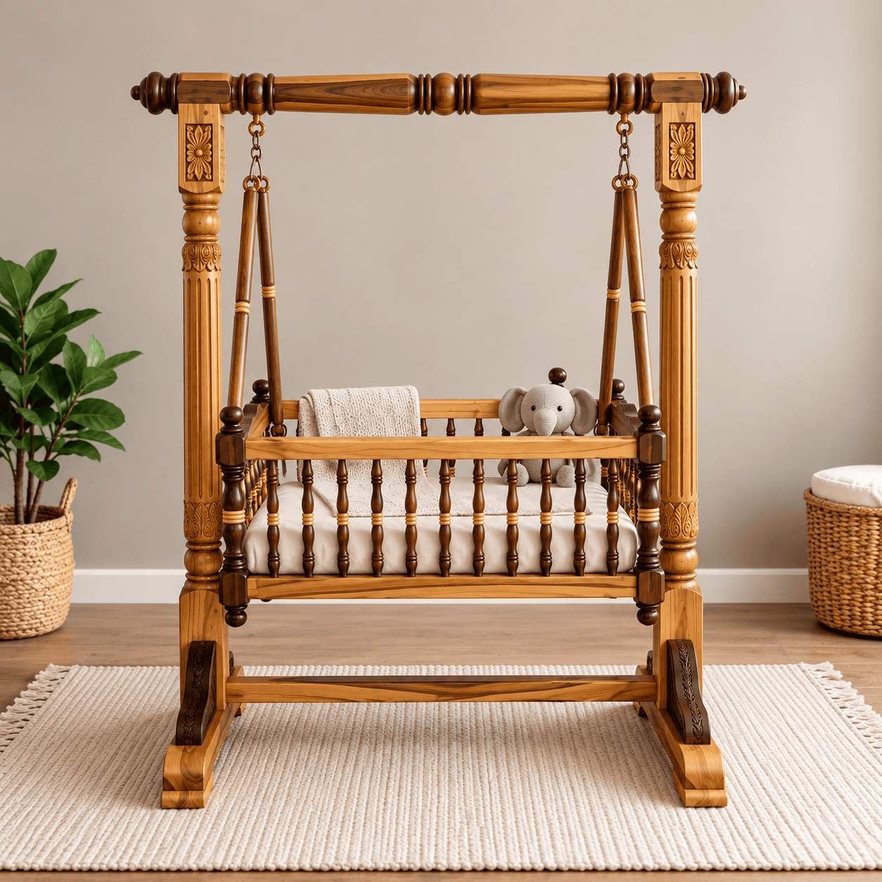 Luxury Teakwood Wooden Baby Cradle Swing
