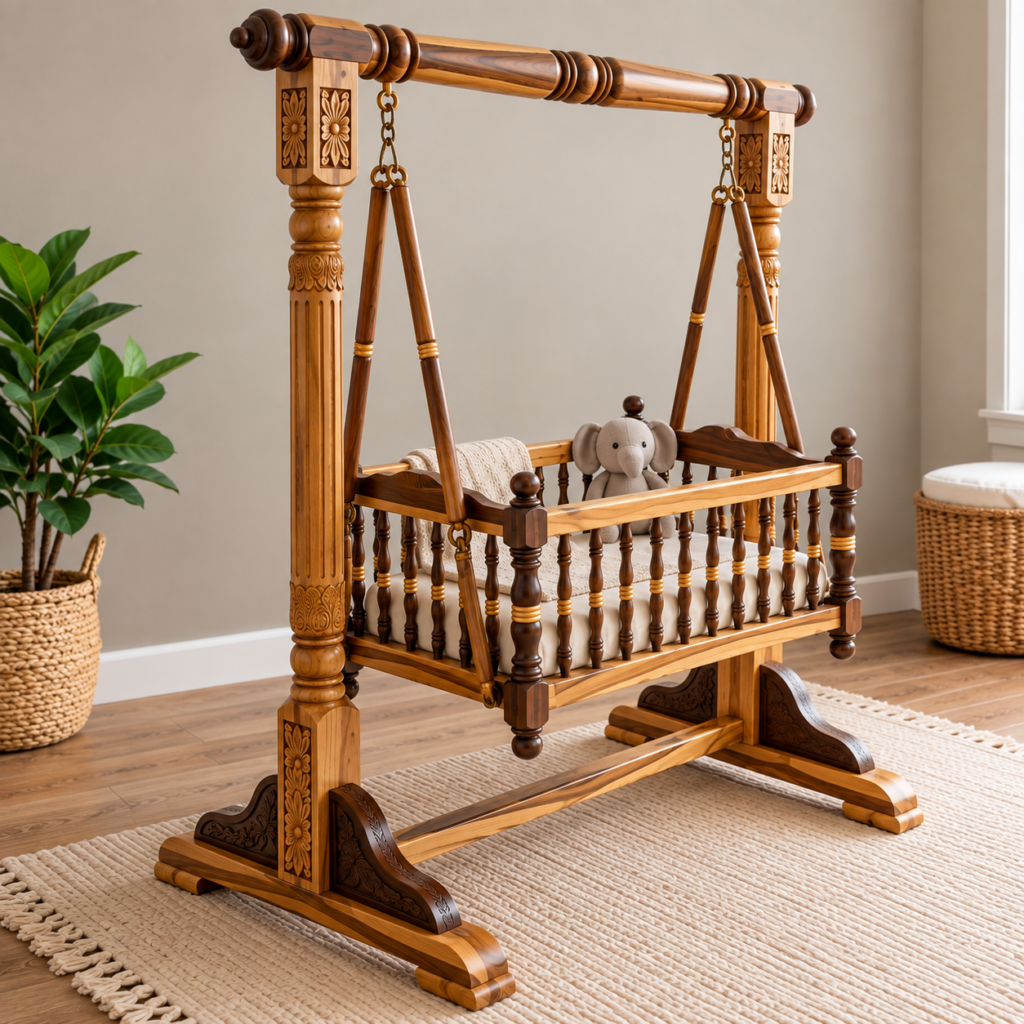 Luxury Teakwood Wooden Baby Cradle Swing
