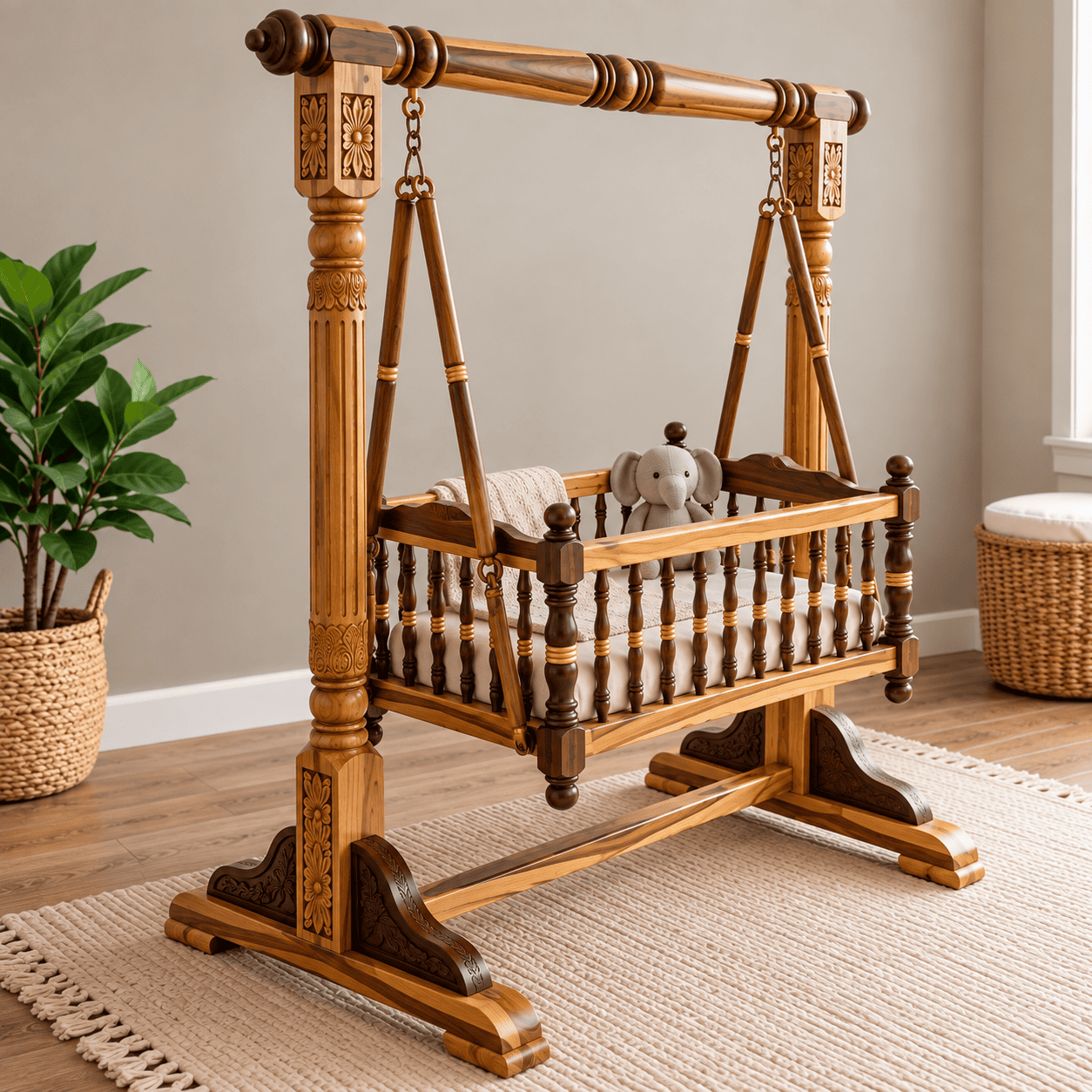 Luxury Teakwood Wooden Baby Cradle Swing