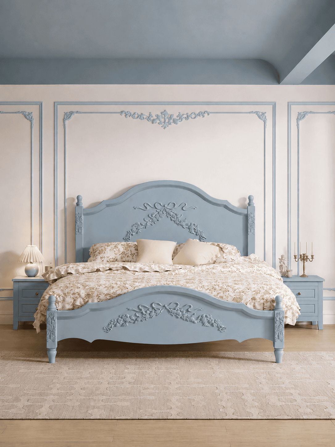 Royal Wooden King Bed with Floral Carving