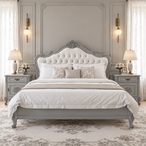 Handcrafted Gray Upholstered Bed with Side Tables