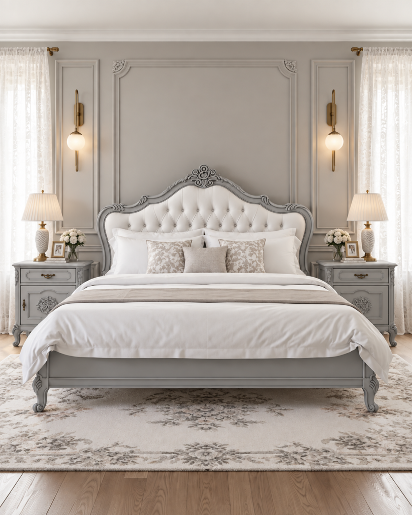 Handcrafted Gray Upholstered Bed with Side Tables
