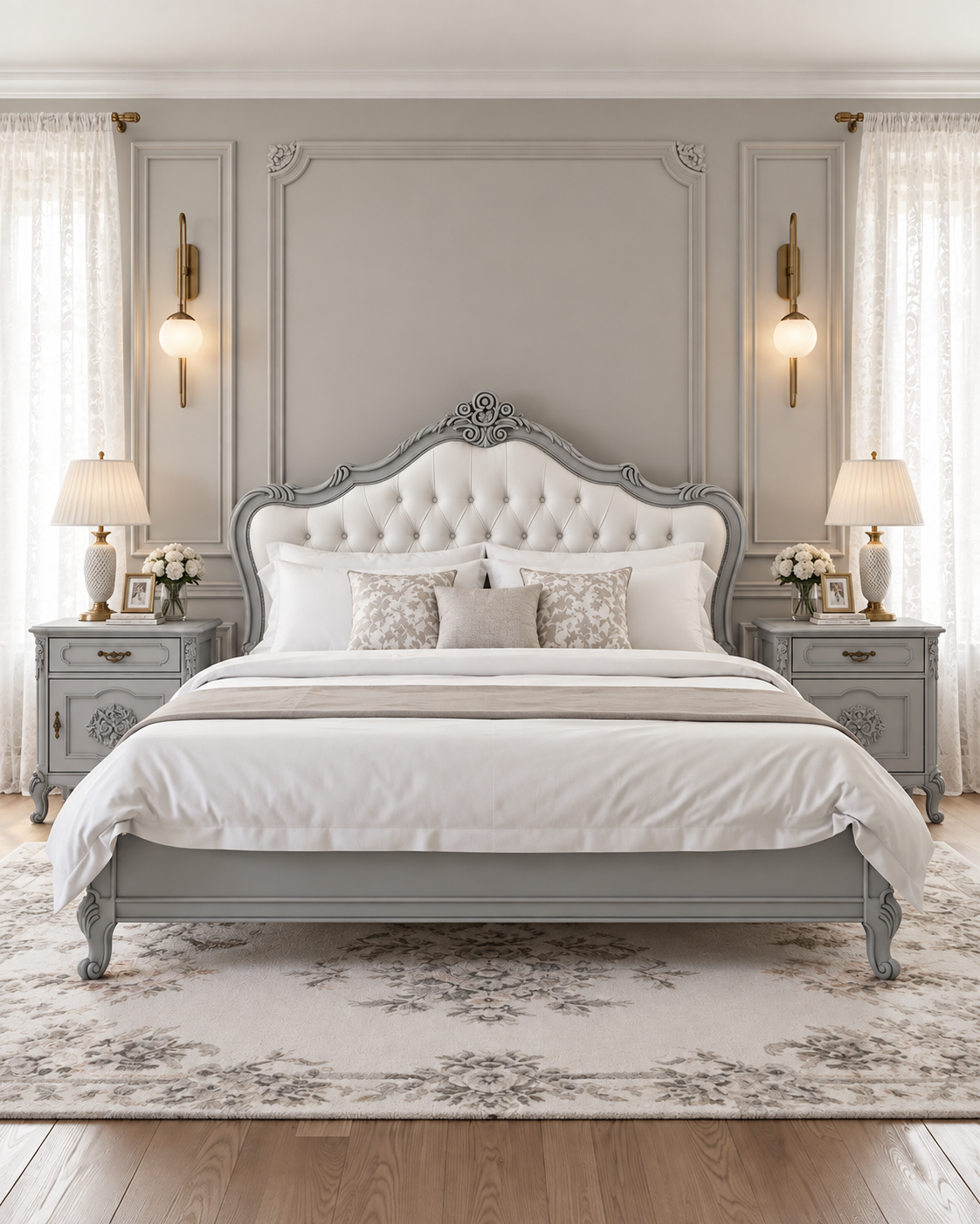 Handcrafted Gray Upholstered Bed with Side Tables