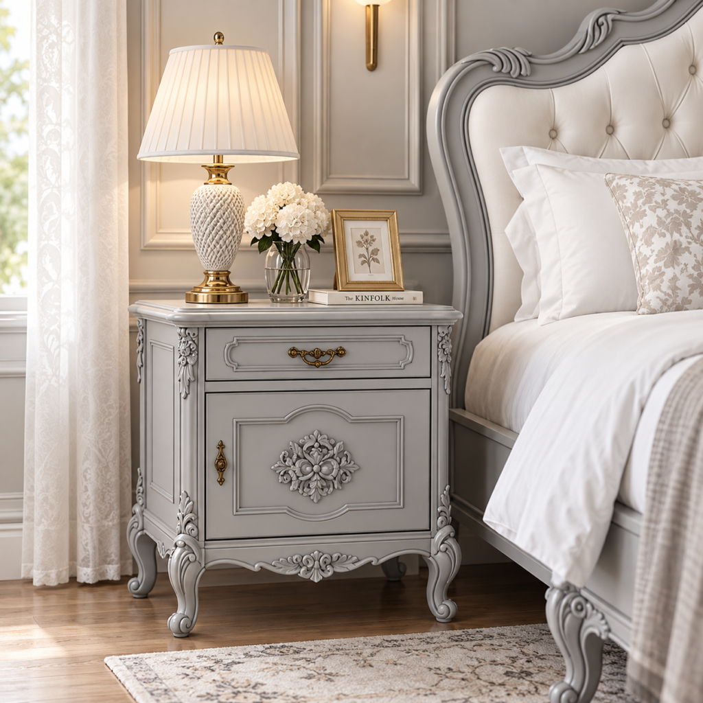 Handcrafted Gray Upholstered Bed with Side Tables