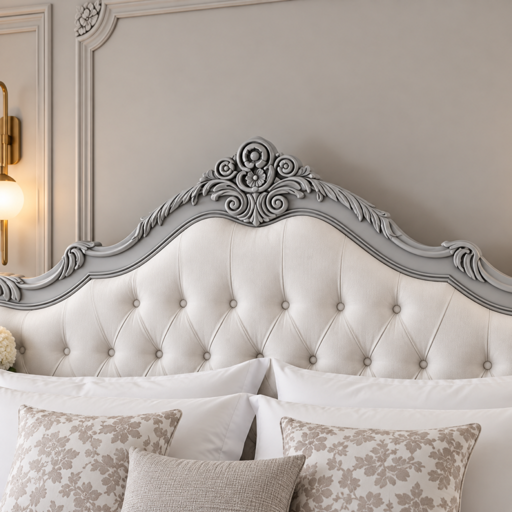 Handcrafted Gray Upholstered Bed with Side Tables