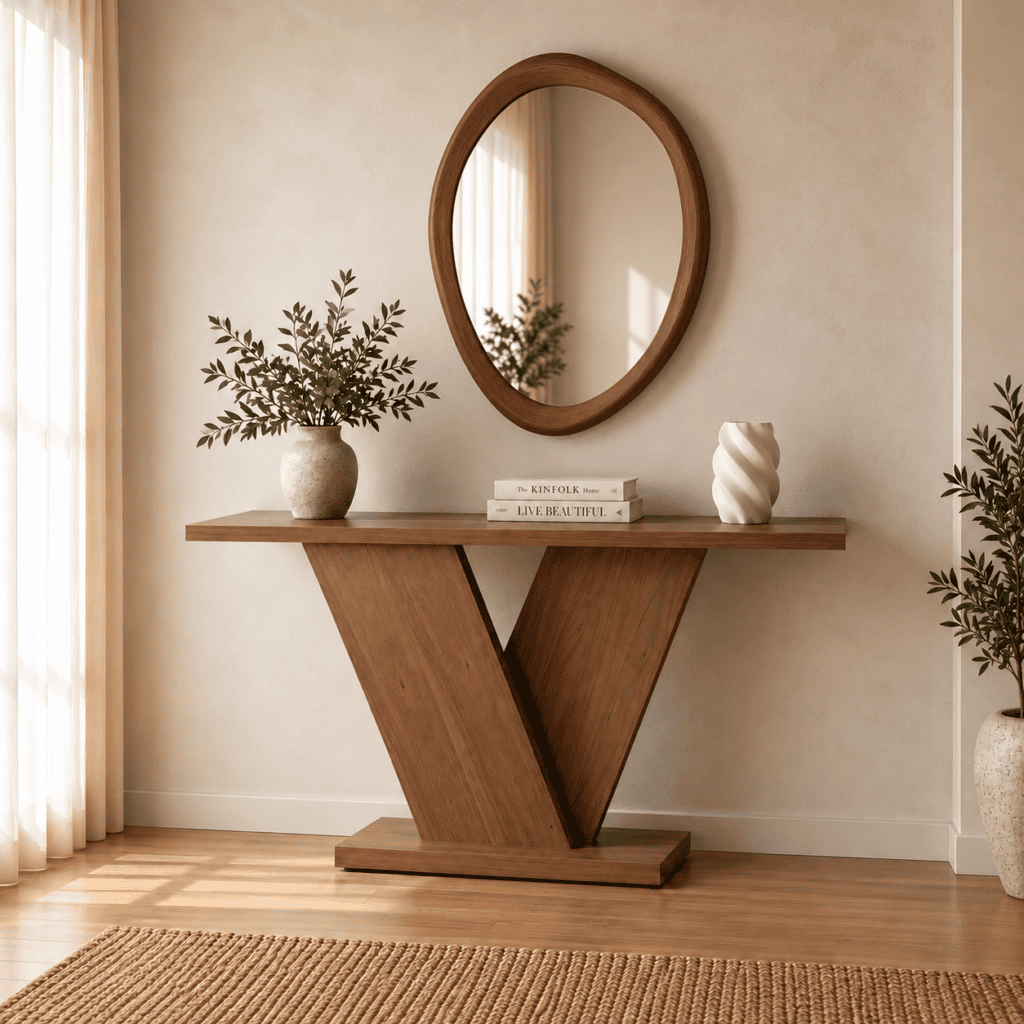 Modern Wooden Console Table with Oval Mirror