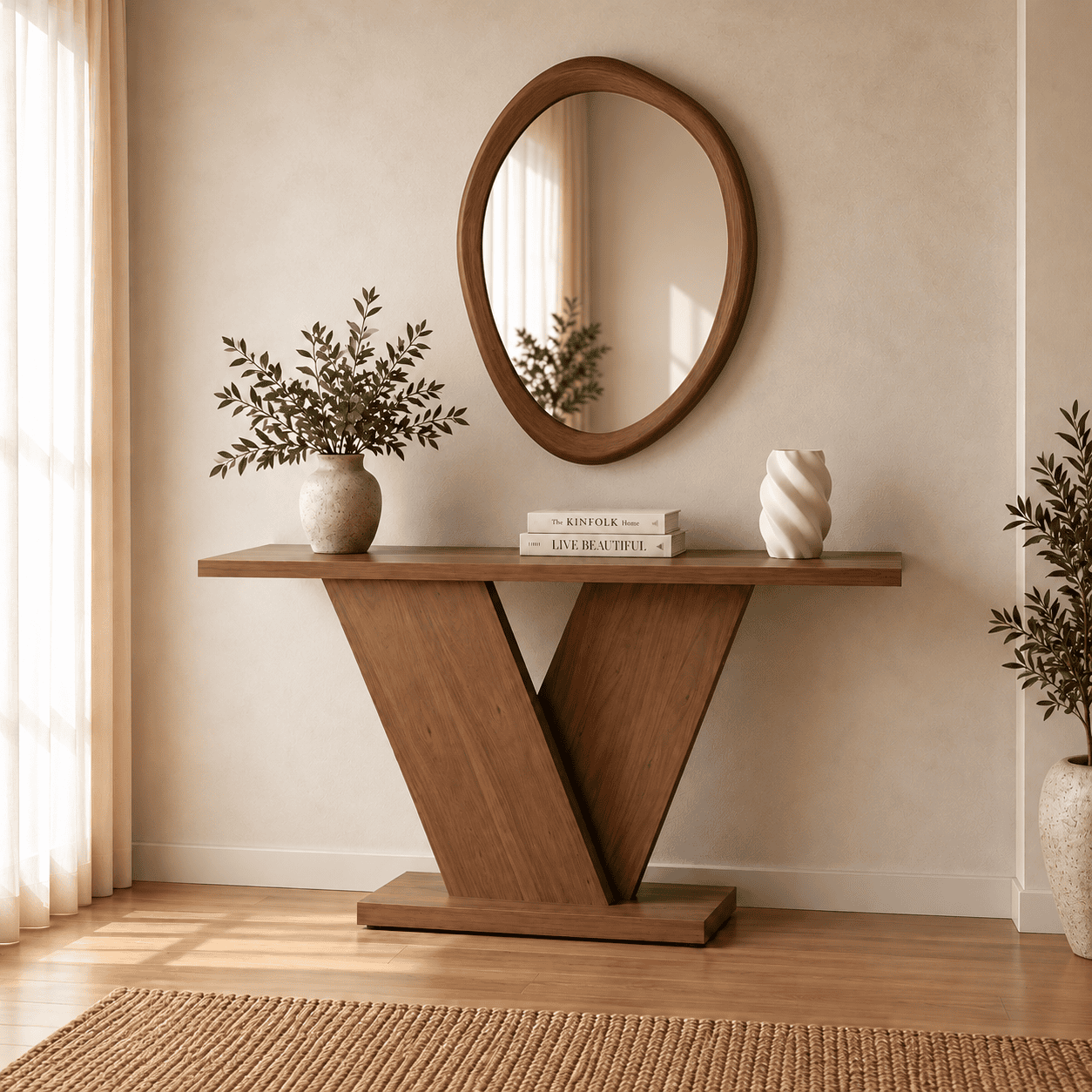 Modern Wooden Console Table with Oval Mirror