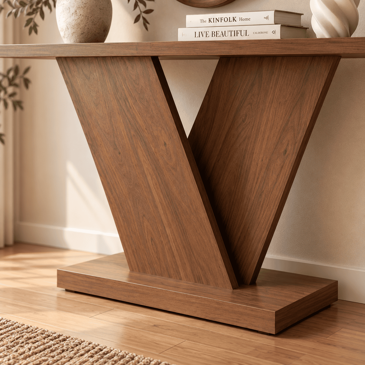 Modern Wooden Console Table with Oval Mirror