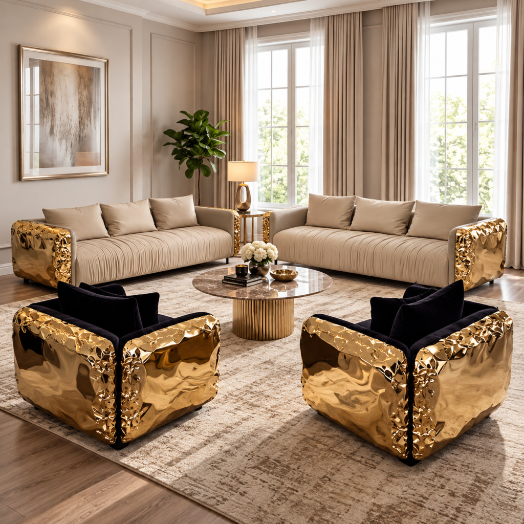 Designer Gold Accent Sofa Set for The Living Room