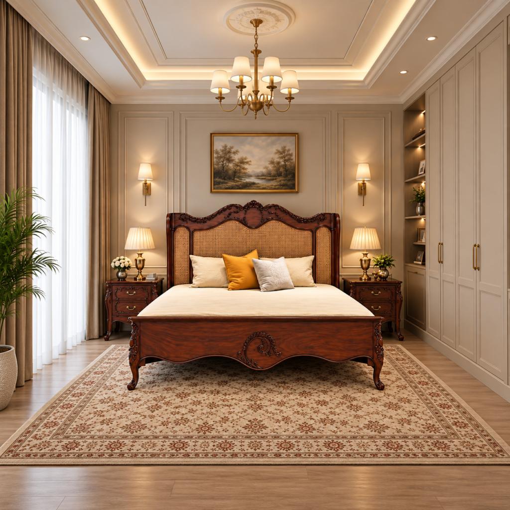 Royal Carved King Size Wooden Bed with Headboard