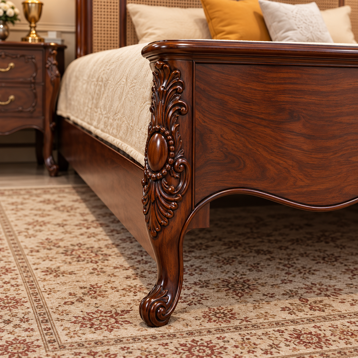 Royal Carved King Size Wooden Bed with Headboard