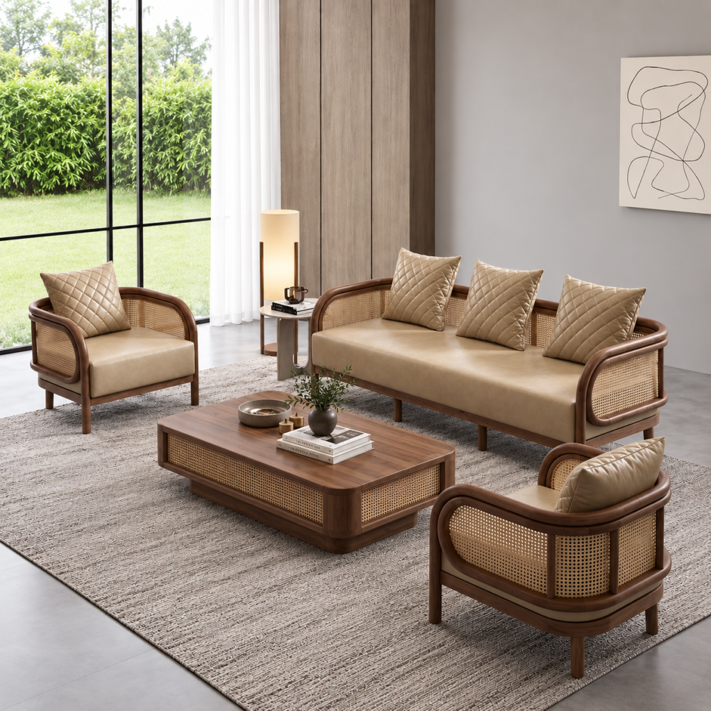 Solid Wood Cane Sofa Set for Designer Living Rooms