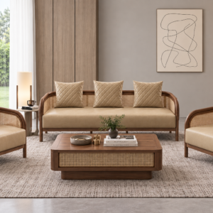 Solid Wood Cane Sofa Set for Designer Living Rooms