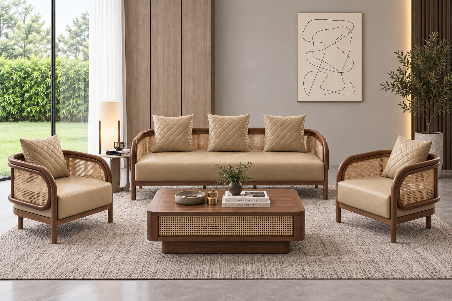 Solid Wood Cane Sofa Set for Designer Living Rooms