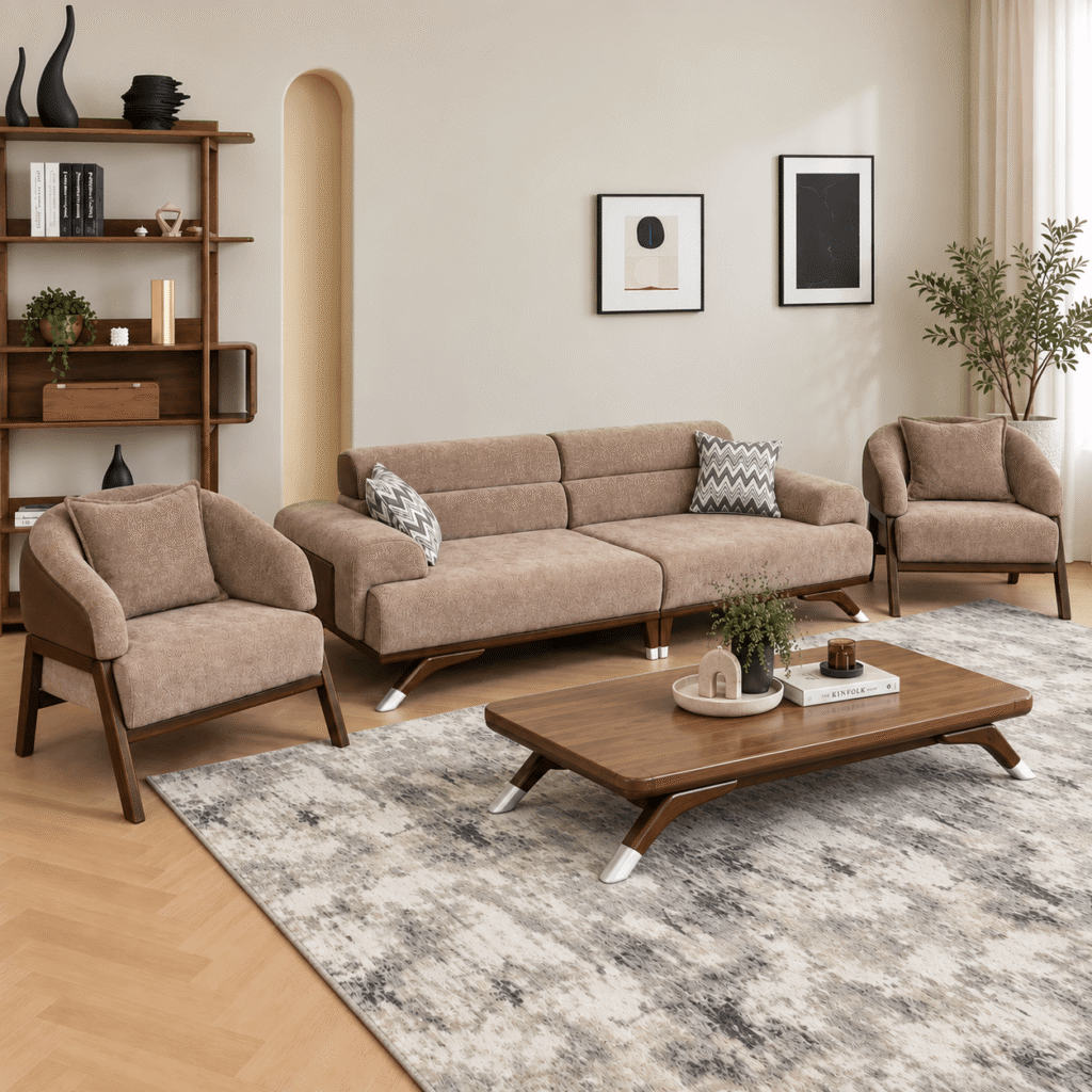 Modern Wooden Sofa Set with Upholstered Fabric