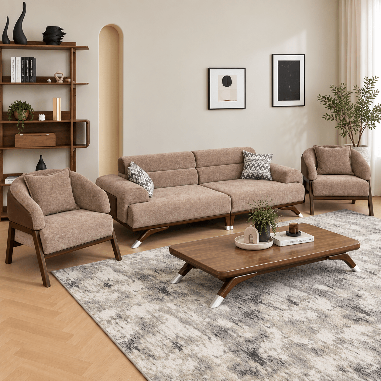 Modern Wooden Sofa Set with Upholstered Fabric