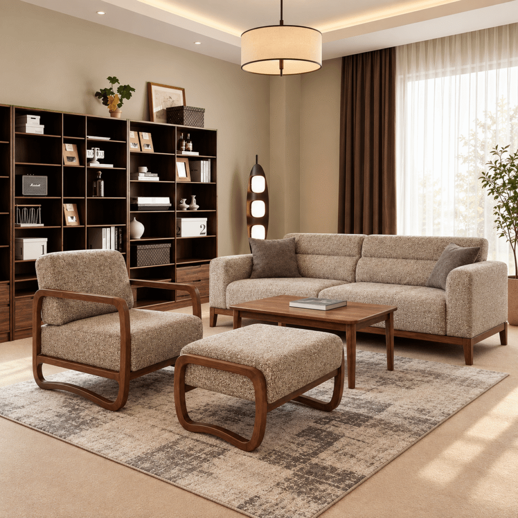 Modern Wooden Sofa Set with Lounge Chair & Ottoman