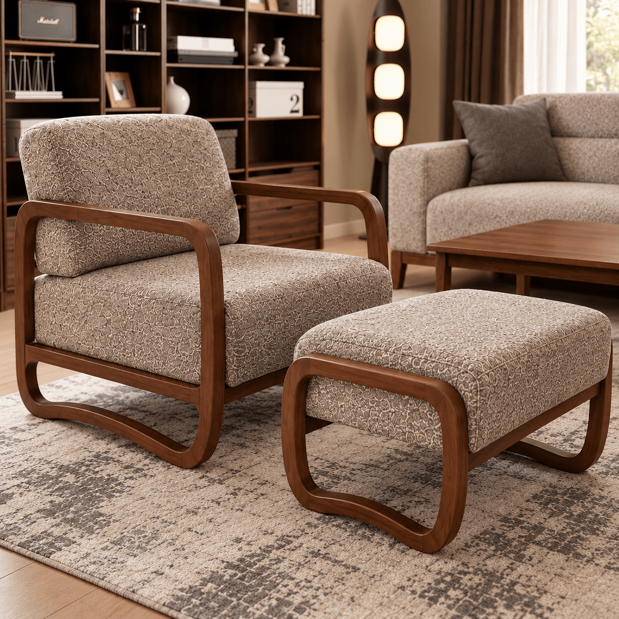 Modern Wooden Sofa Set with Lounge Chair & Ottoman