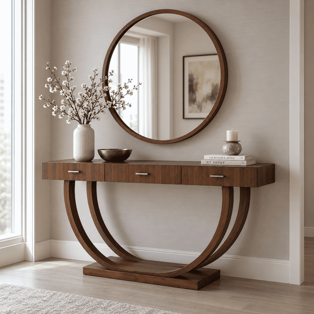 Wooden Console Table with Round Mirror