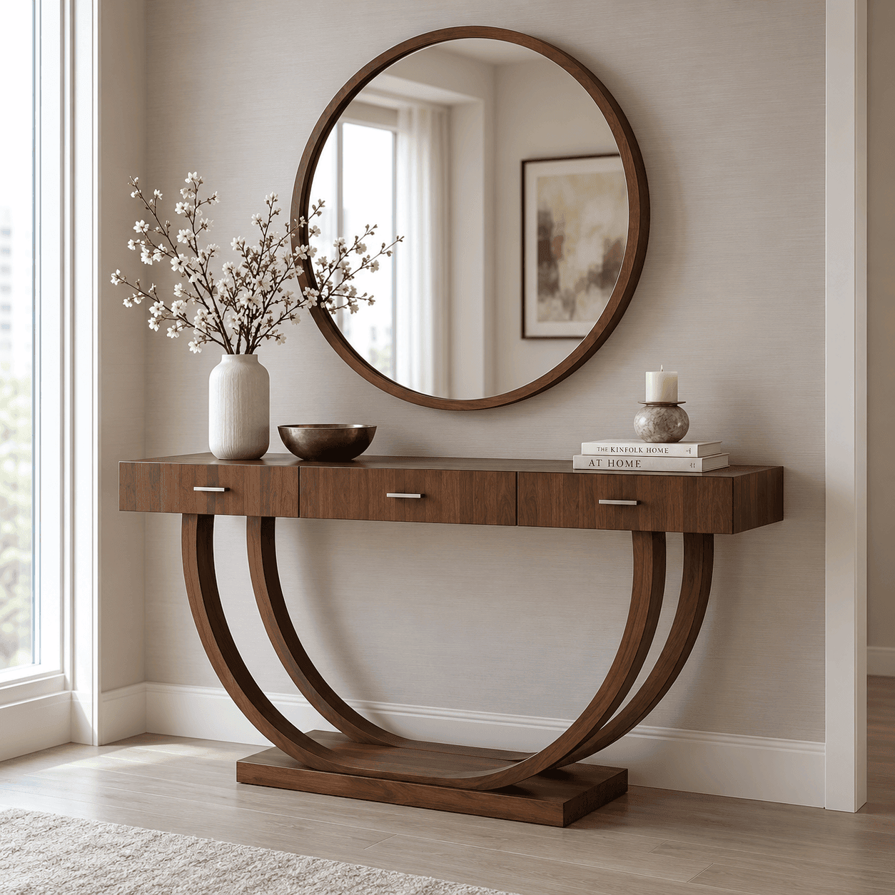 Wooden Console Table with Round Mirror