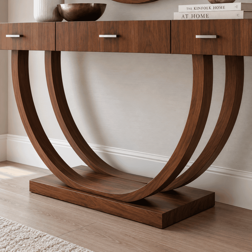 Wooden Console Table with Round Mirror