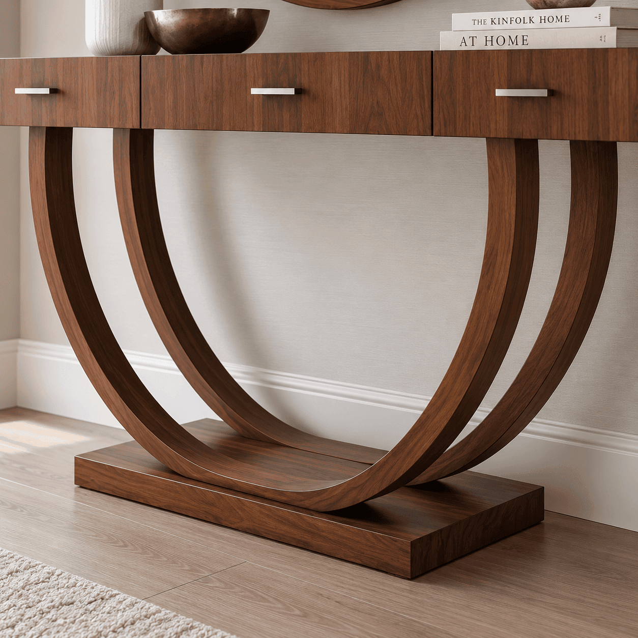 Wooden Console Table with Round Mirror