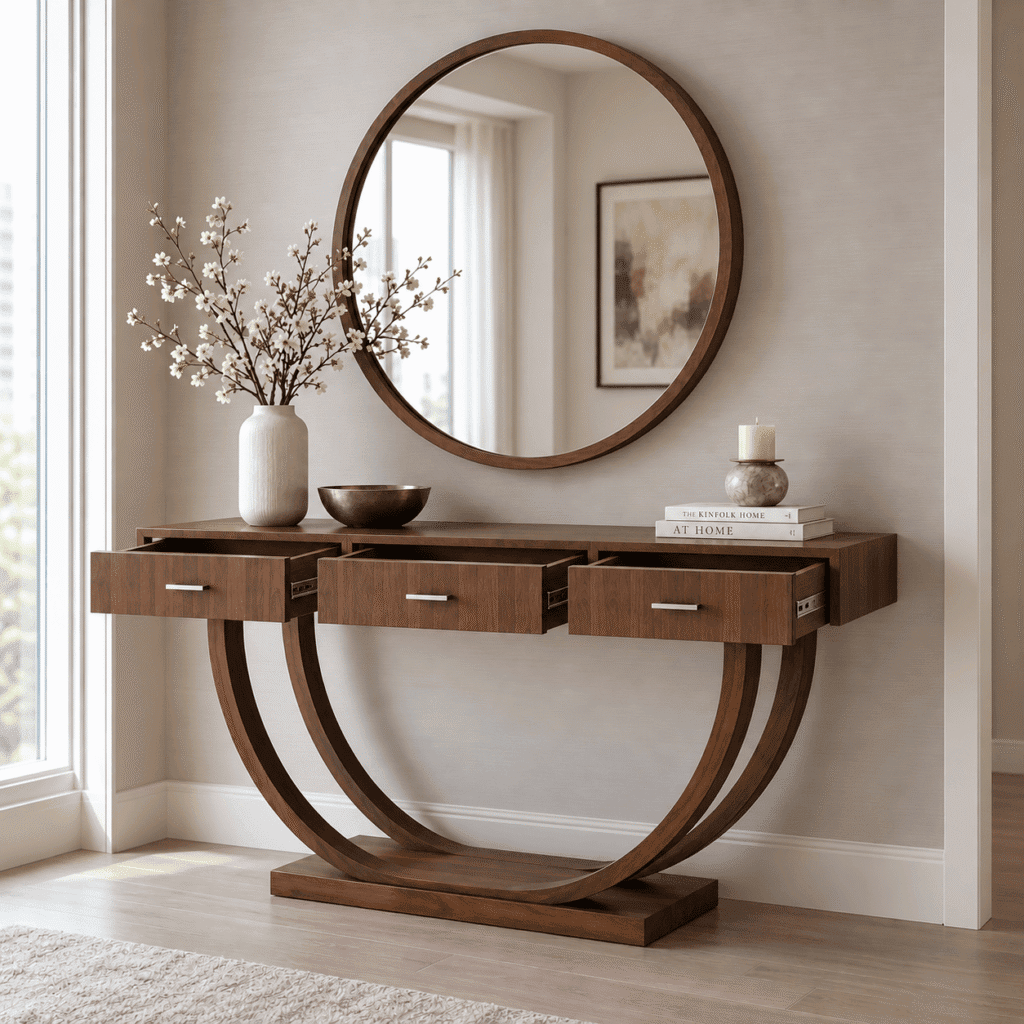 Wooden Console Table with Round Mirror