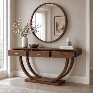 Wooden Console Table with Round Mirror