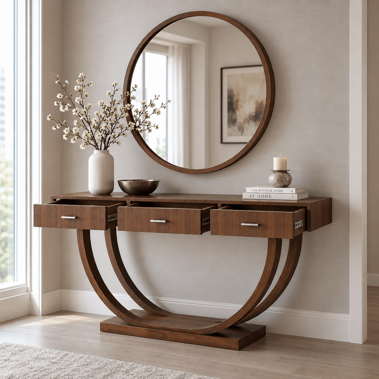 Wooden Console Table with Round Mirror