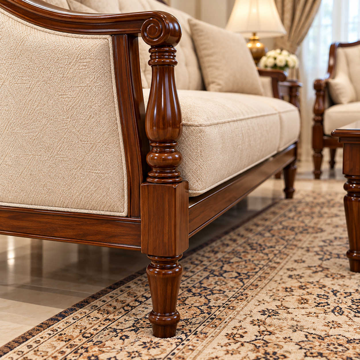Wooden Sofa Set with Premium Fabric Upholstery