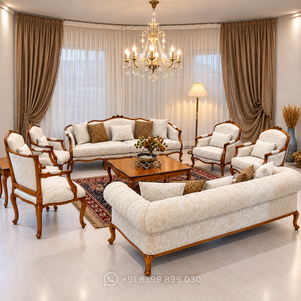 Classic Wooden Sofa Set with Cream Upholstery